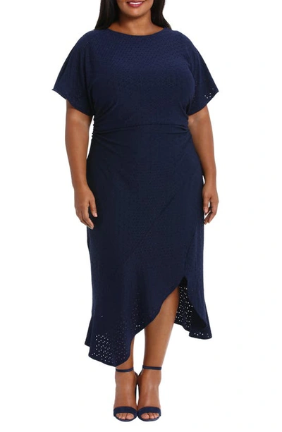 London Times Eyelet Short Sleeve Tulip Hem Midi Dress In Navy
