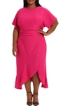 London Times Eyelet Short Sleeve Tulip Hem Midi Dress In Fushia