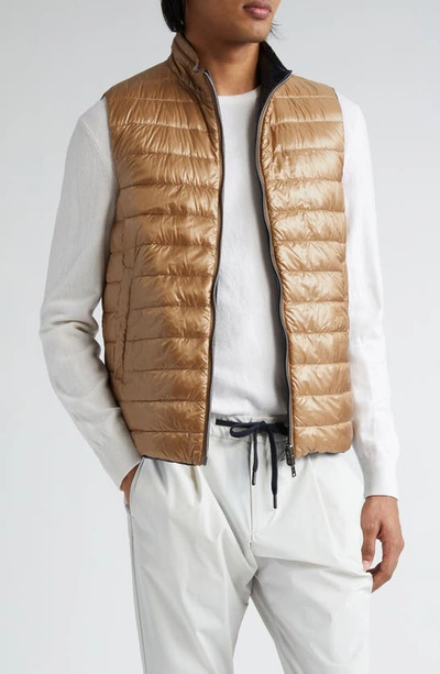 Herno Ultralight Reversible Water Resistant Nylon Down Puffer Vest In 2192 Camel To Navy