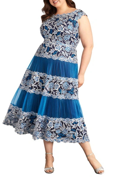 Tadashi Shoji Floral Embroidery Pleated Off The Shoulder Midi Dress In Pacific Blue