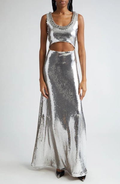 Rabanne Sequin Cutout Maxi Dress In Silver