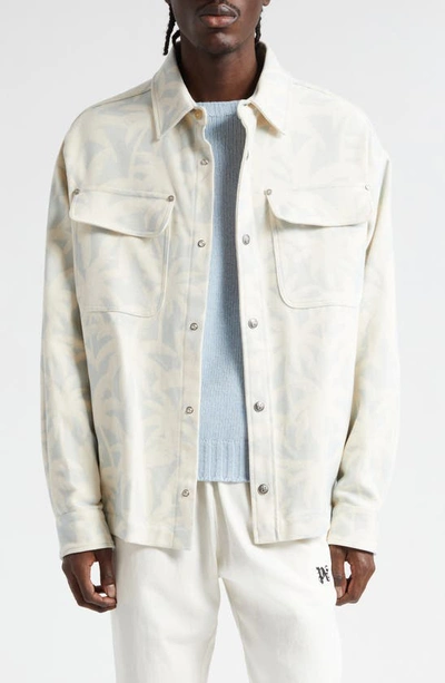 Palm Angels Palm Print Overshirt In Light Blue Off