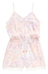 Miken Swim Kids' Floral Rope Belted Romper In Peach Bud/ Orchid Bouquet