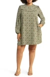 Treasure & Bond Floral Print Long Sleeve Minidress In Olive Green Lora Vines