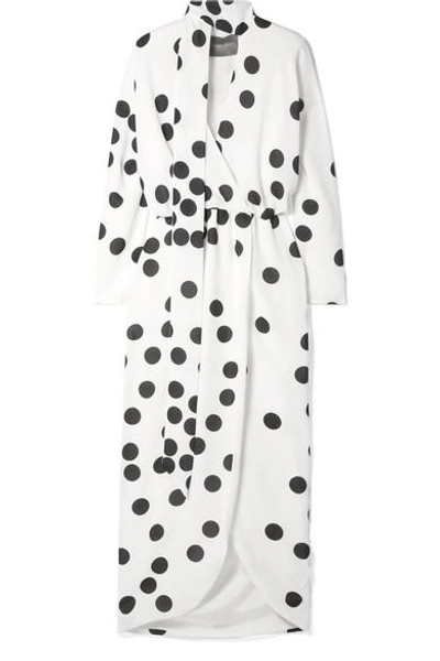 Monique Lhuillier Wrap-effect Pussy-bow Polka-dot Chiffon Midi Dress In White