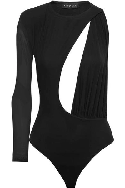 Marika Vera Samantha One-shoulder Cutout Stretch-mesh Thong Bodysuit In Black