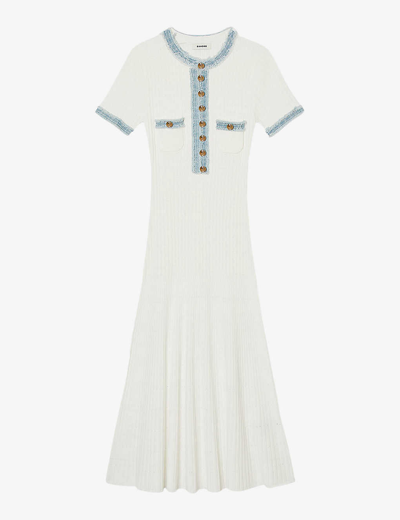 Sandro Womens Naturels Denim-trim Knitted Maxi Dress In White