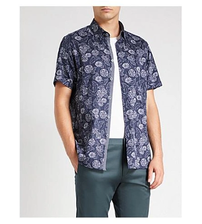 Ted Baker Floral-print Regular-fit Cotton Shirt In Navy