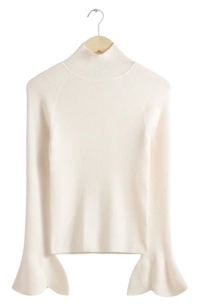 & Other Stories Flare Cuff Wool Blend Rib Turtleneck Jumper In White Dusty Light