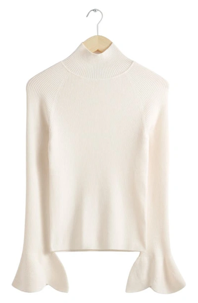 & Other Stories Flare Cuff Wool Blend Rib Turtleneck Sweater In White Dusty Light