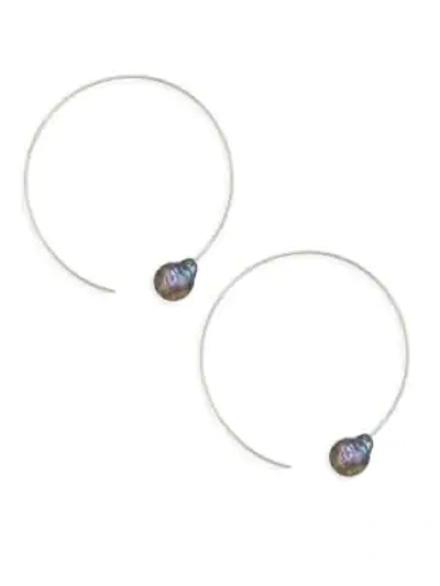 Chan Luu White Freshwater Pearl Hoop Earrings In Peacock Blue