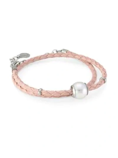 Majorica Amazona Braided Double Wrap Imitation Pearl & Leather Bracelet In Pink