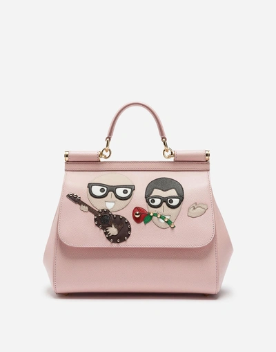 Dolce & Gabbana Sicily Handbag In Dauphine Calfskin With Designers' Patches In Pink