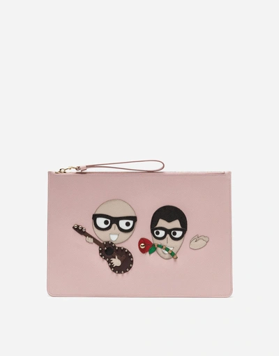 Dolce & Gabbana Clutch In Printed Dauphine Calfskin With Designers' Patches In Pink