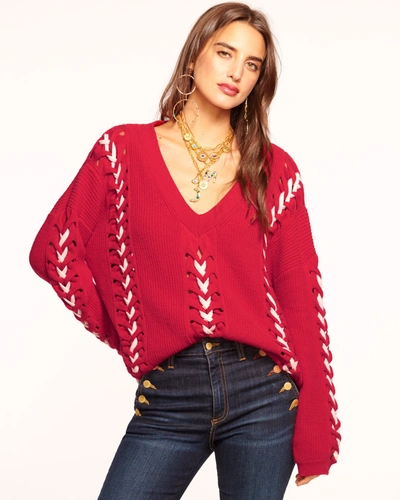 Ramy Brook Esme V-neck Embellished Sweater In Soiree Red