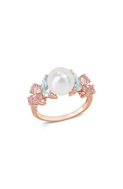 Delmar Morganite, White Topaz & 8.5-9mm Freshwater Pearl Ring In Pink