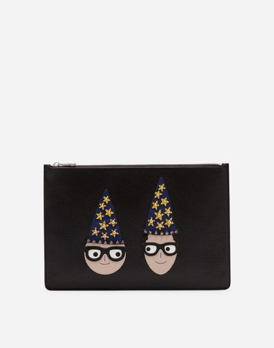 Dolce & Gabbana Document Holder In Calfskin With Designers' Patch Embroidery In Black