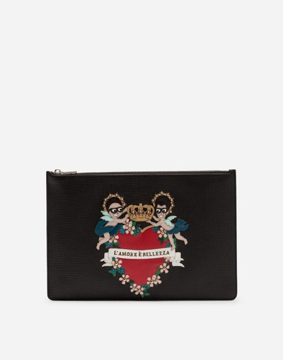 Dolce & Gabbana Document Holder In Calfskin With Designers' Patch Embroidery In Black