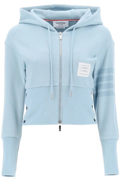 Thom Browne 4 Bar Knitted Cropped Hoodie In Light Blue