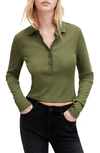 Allsaints Hallie Long Sleeve Ribbed Polo Shirt In Grass Green