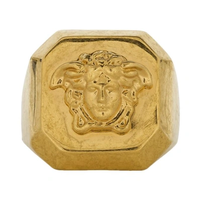 Versace Gold Octagonal Medusa Statement Ring In Kot Gold