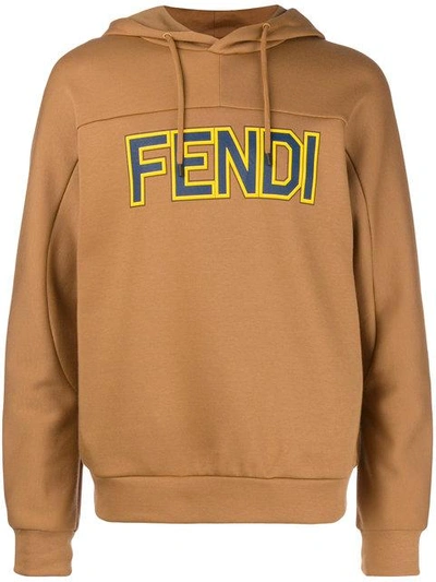 Fendi Logo Print  Hoodie In Cammello Blu Giallo
