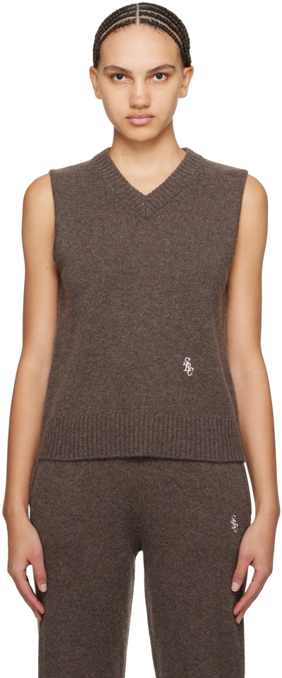 Sporty And Rich Logo-embroidered V-neck Cashmere Waistcoat Top In Brown