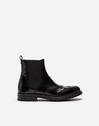 Dolce & Gabbana Chelsea Ankle Boots In Brushed Calfskin With Logo Print In Black