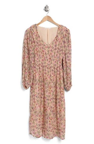 Lush Floral Print Long Sleeve Pleated Midi Dress In Tan Floral