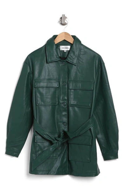 Vigoss Faux Leather Belted Jacket In Green