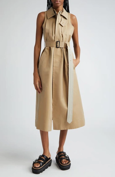 Sacai Sleeveless Belted Midi Dress In Brown