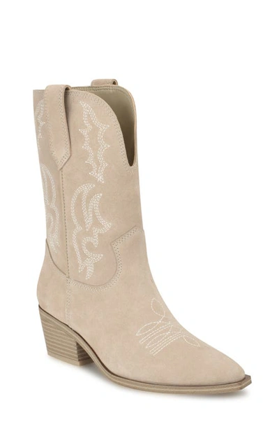 Nine West Yodown Pointed Toe Western Boot In Light Natural Suede