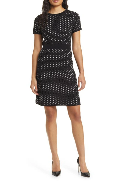 Anne Klein Polka Dot Knit Sweater Dress In Black