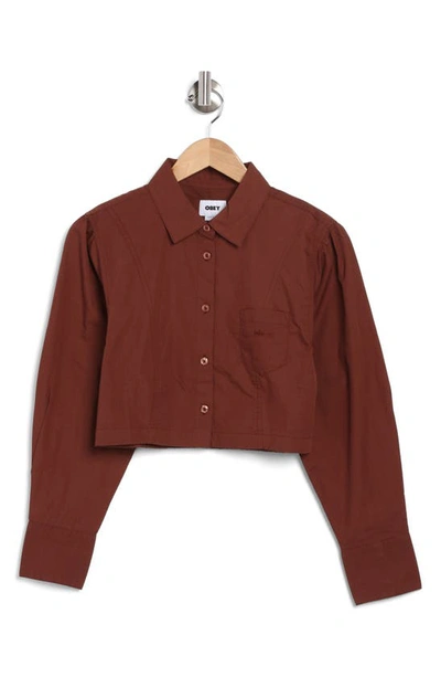 Obey London Long Sleeve Cotton Crop Button-up Shirt In Sepia