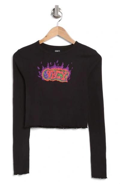 Obey Flaming Graffiti Long Sleeve Top In Digital Black