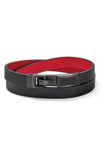 Bulova Stainless Steel Leather Bracelet In Black/red