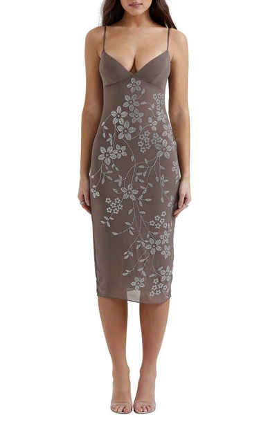 House Of Cb Blanca Rhinestone Cocktail Midi Dress In Pebble Grey