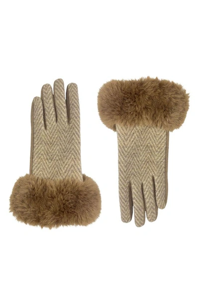 Marcus Adler Chevron Gloves With Faux Fur Trim In Brown