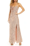 Morgan & Co. Cowl Neck Sequin Crossback Body-con Gown In Gold