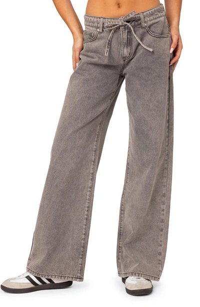 Edikted Tie Belt Low Rise Wide Leg Jeans In Light Gray