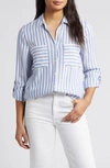 Beachlunchlounge Kaia Stripe Long Sleeve Button-up Shirt In Slate Blue