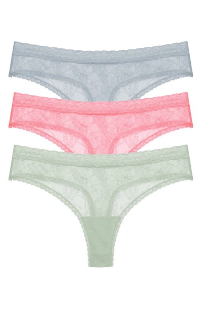 Natori Bliss Alure 3-pack Lace Thongs In Bl/ Ros/ Dew