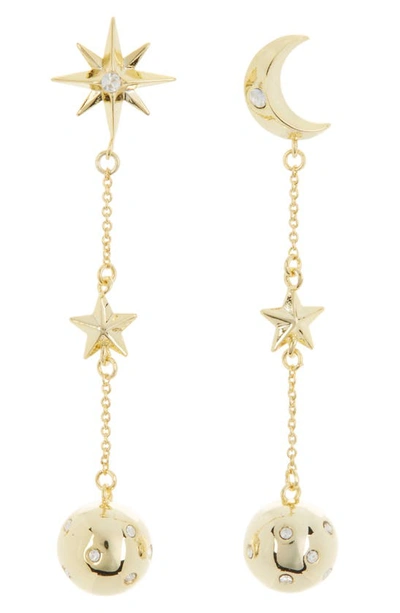 Covet Mismatched Moon & Star Linear Ball Drop Earrings In Gold