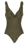 Dkny Ruffle One-piece Swimsuit In Moss