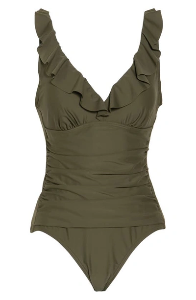 Dkny Ruffle One-piece Swimsuit In Moss