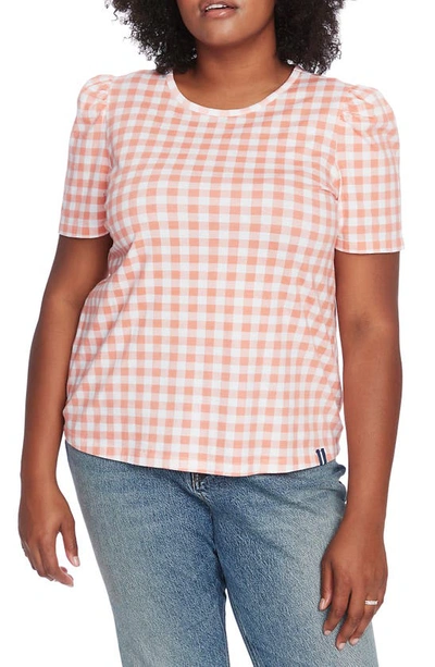 Court & Rowe Gingham Short Sleeve Cotton Knit Top In Cheeky Peach