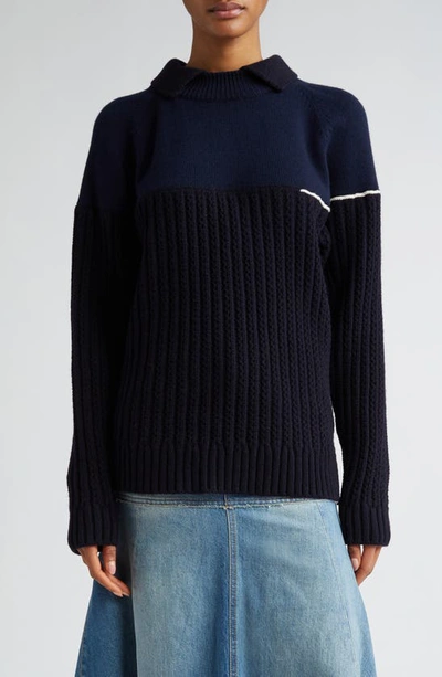 Victoria Beckham Collared Lambswool Mixed Stitch Jumper In Navy
