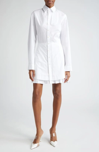 Alaïa Pleated Long Sleeve Cotton Blend Poplin Shirtdress In Blanc