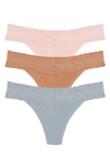 Natori Bliss 3-pack Perfection Lace Trim Thongs In Sea/ Gl/ Blu