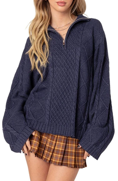 Edikted Oversize Cable Stitch Quarter Zip Sweater In Navy